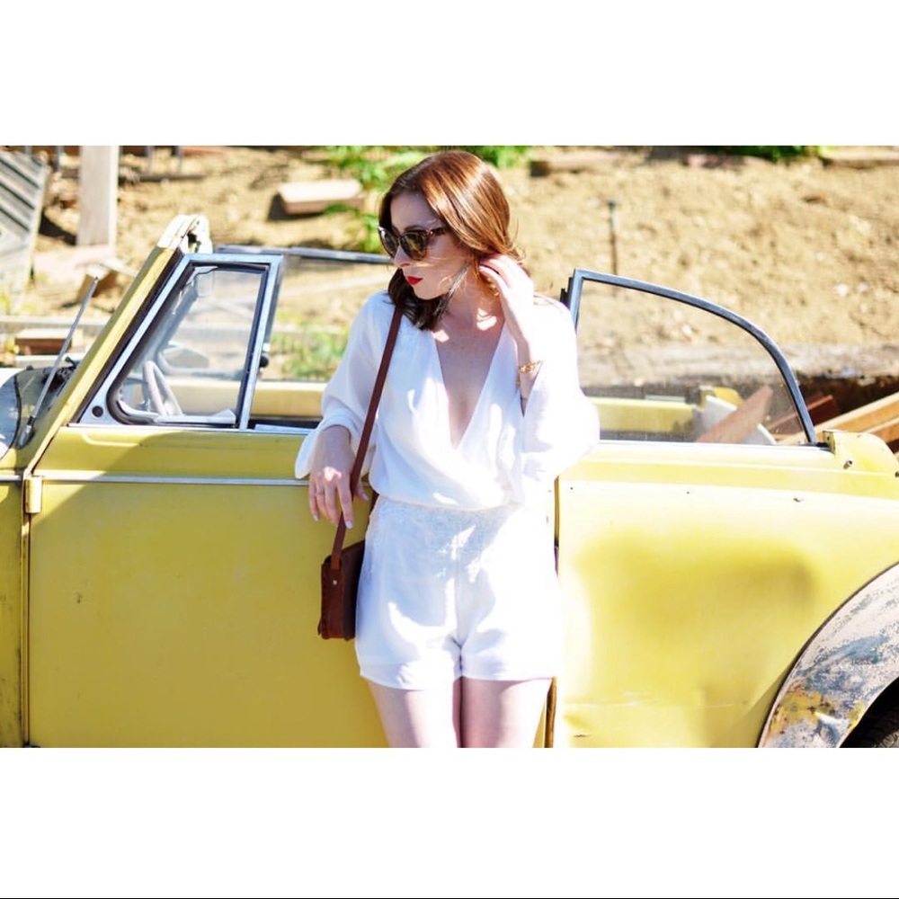 White Plunge Romper with Embroidered Detail